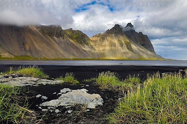 Mount Vestrahorn with the black lava beach Kirkjusandur