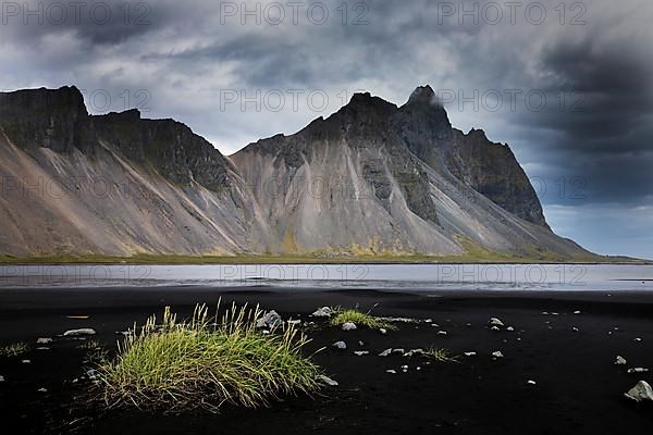 Mount Vestrahorn with the black lava beach Kirkjusandur