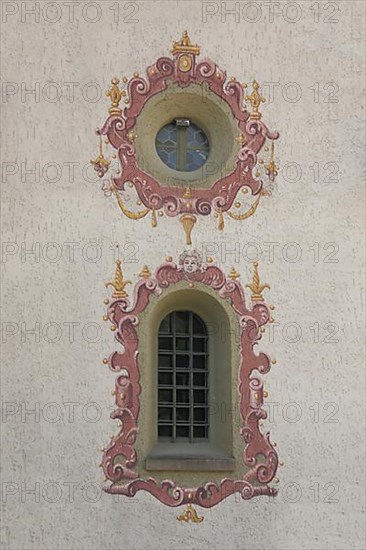 Church windows with frescoes and illusion painting at the pilgrimage church of Our Lady in Todtmoos