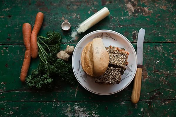 Vegan tofu burger with sesame seeds