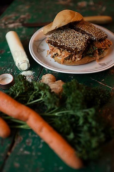 Vegan tofu burger with sesame seeds