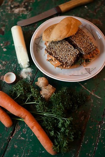 Vegan tofu burger with sesame seeds