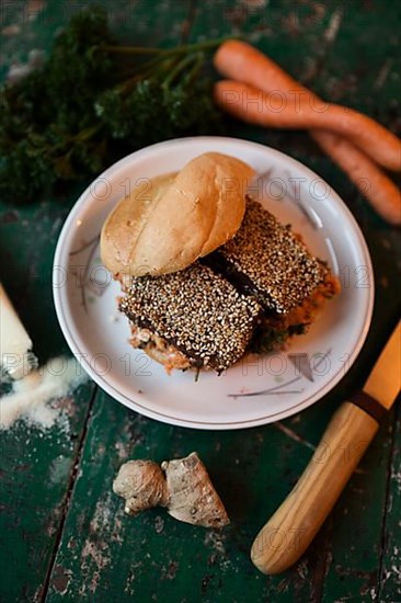 Vegan tofu burger with sesame seeds