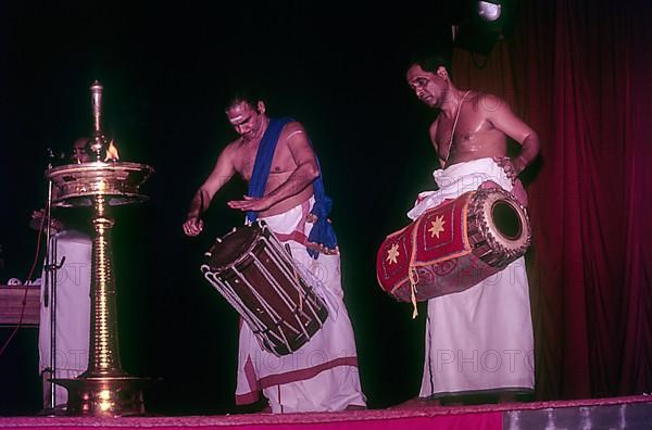 Melappadam or Background music prior to Kathakali in Kerala Kalamandalam Koothambalam temple theatre in Cheruthuruthy near Soranur