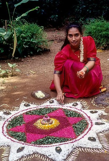 Onam pookkalam or athapookalam during Onam festival in Kerala