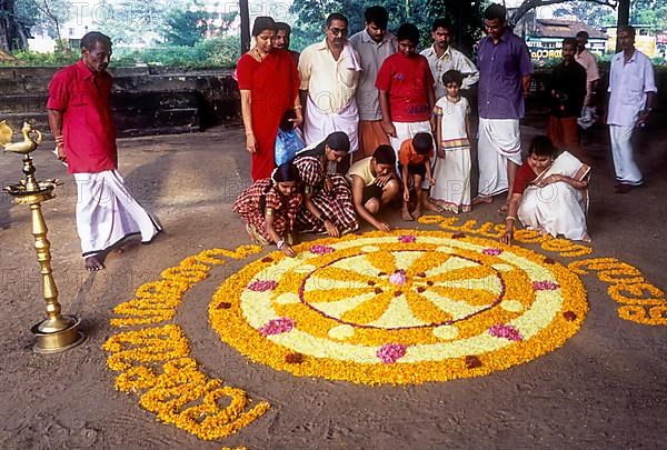 Aththapoovu or Floral decoration during Onam festival in front of Bhagavati temple in Kodungallur