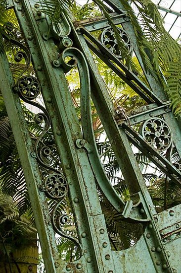 Detail of the ornate wrought-iron roof truss of the Royal Greenhouses of Laeken in Art Nouveau style