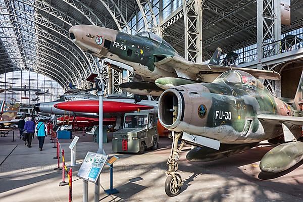 Aircraft hangar with fighter jets and military aircraft at the Royal Museum of the Army and Military History in Brussels