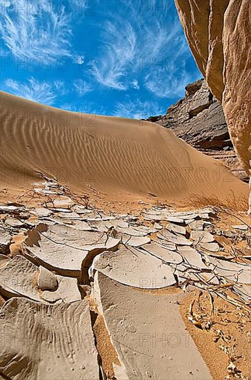 Dunes and rock formation in sand desert