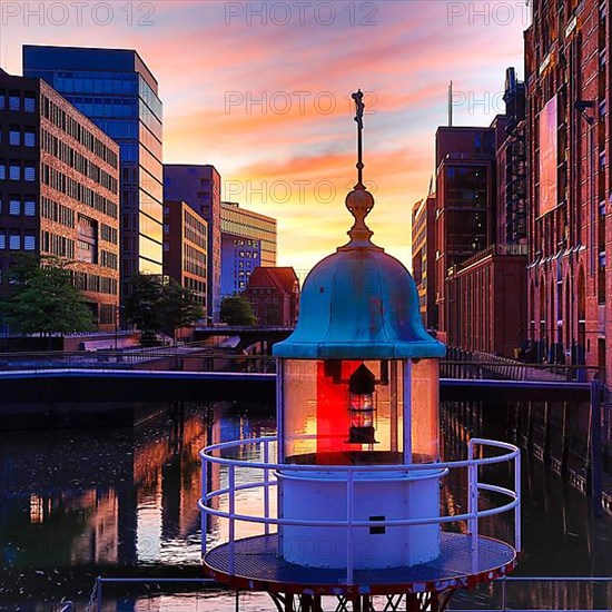 Former lighthouse in front of the International Maritime Museum Hamburg at sunrise