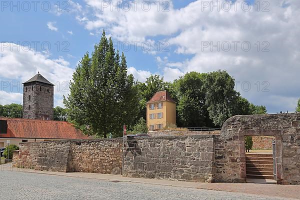Wall of the Rietgarten with yellow Elisabeth Tower and Rome Tower in Villingen