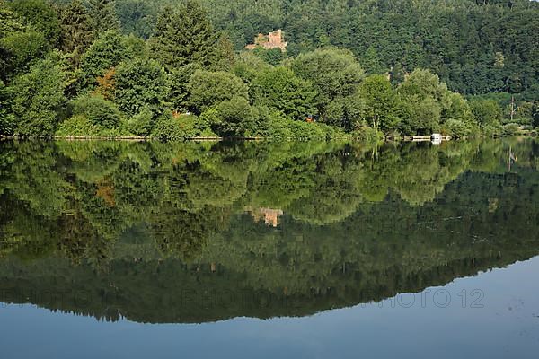 Schadeck Castle or Swallow's Nest with Reflection in the Neckar River in Neckarsteinach