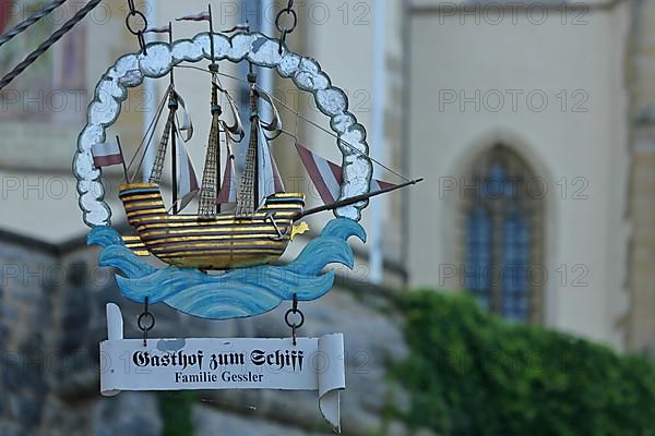 Nose sign of the Gasthof zum Schiff with model sailing ship in Horb am Neckar