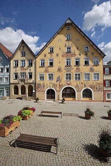 Historic town hall built 1765 with mural and small guard house built 1860 in Horb am Neckar