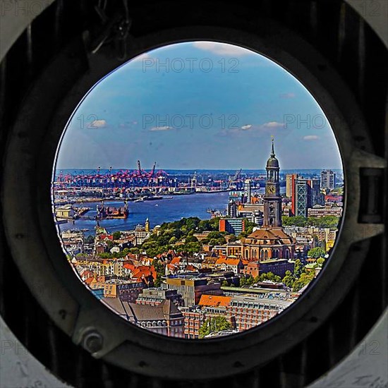 City view with the Michel and the harbour through the porthole windows in the spire of the main church St. Petri