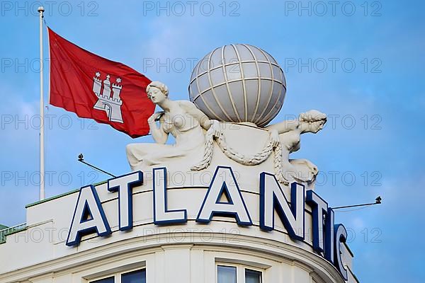 Roof gable Hotel Atlantic Kempinski with globe and Hamburg flag