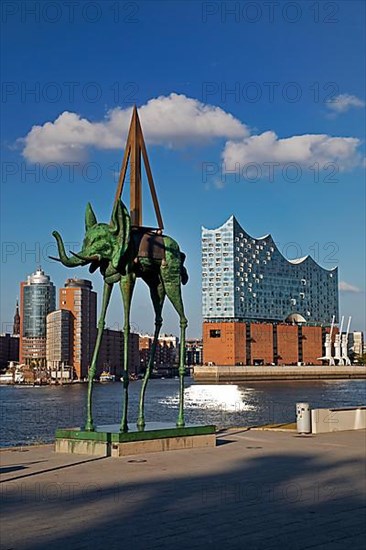 Artwork entitled Space Elephant by Salvador Dali at the Stage Theater an der Elbe in front of the Elbe Philharmonic Hall