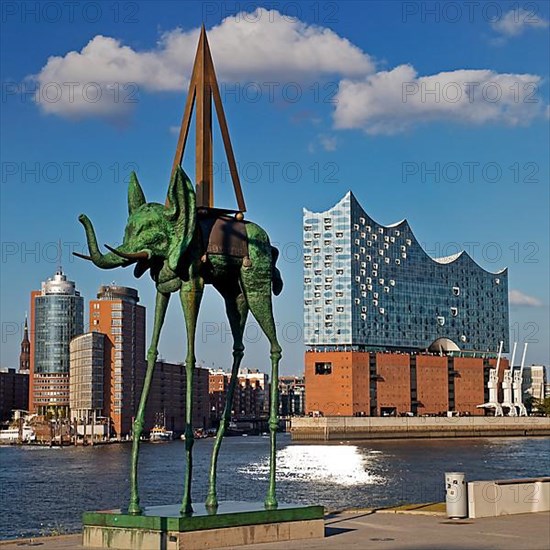 Artwork entitled Space Elephant by Salvador Dali at the Stage Theater an der Elbe in front of the Elbe Philharmonic Hall