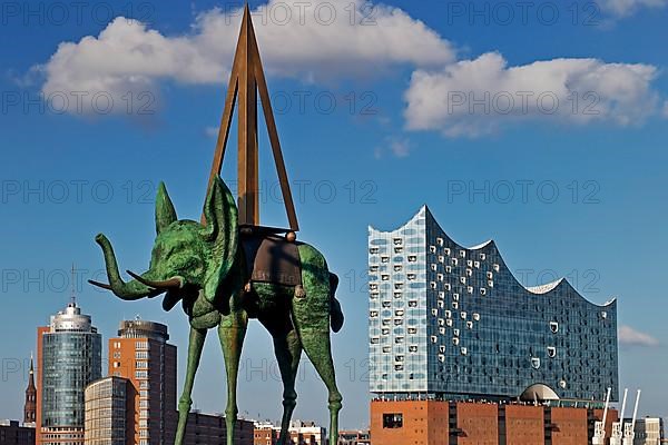 Artwork entitled Space Elephant by Salvador Dali at the Stage Theater an der Elbe in front of the Elbe Philharmonic Hall