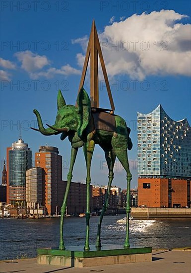 Artwork entitled Space Elephant by Salvador Dali at the Stage Theater an der Elbe in front of the Elbe Philharmonic Hall