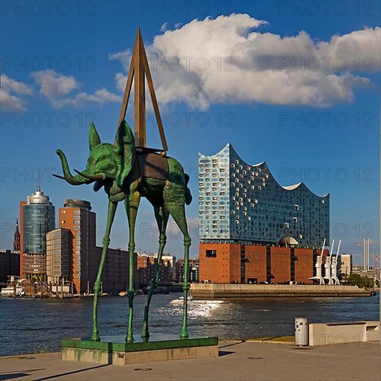 Artwork entitled Space Elephant by Salvador Dali at the Stage Theater an der Elbe in front of the Elbe Philharmonic Hall