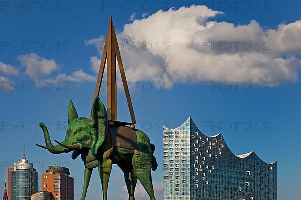 Artwork entitled Space Elephant by Salvador Dali at the Stage Theater an der Elbe in front of the Elbe Philharmonic Hall