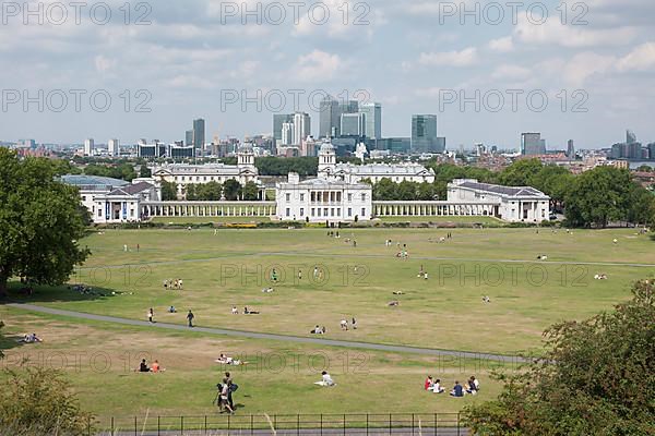 View from Greenwich over Queens House Royal Naval College and Canary Wharf