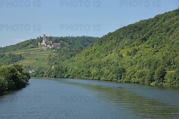 View of Hornberg Castle built 11th century with Neckar River in Neckarzimmern