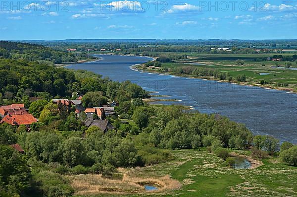 View from the Kniepenberg lookout tower near Hitzacker of the Elbe and Elbe floodplain in the Elbe River Landscape UNESCO Biosphere Reserve