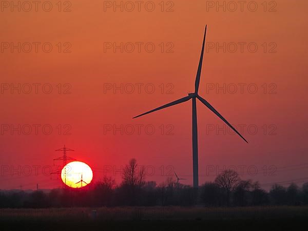 Wind turbines and power lines in front of the setting sun in Hamburg's Vier- und Marschlanden. Ochsenwerder