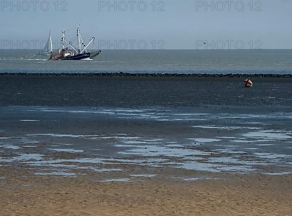 A fishing boat passes close to the beach inland through the Wadden Sea of the North Sea at the mouth of the Elbe