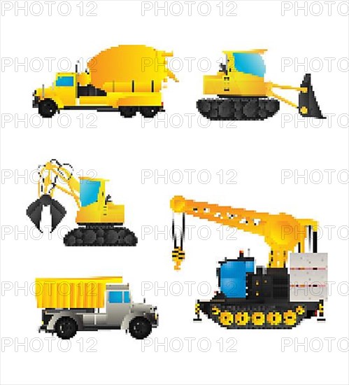 Construction vehicles pixel art vector set on white