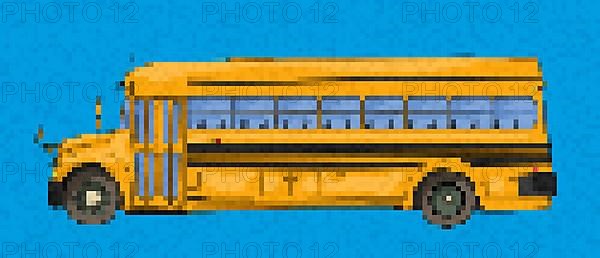 Pixel art school bus vector icon over blue