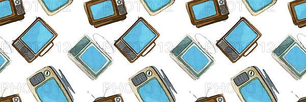 Retro style watercolor tv set pattern over white background