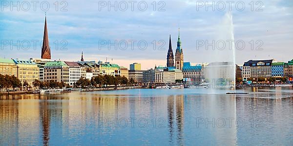 Inner Alster Lake with Alsterfontaine and city skyline