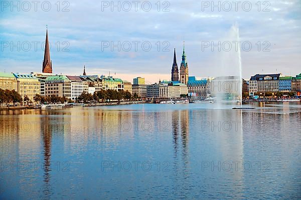 Inner Alster Lake with Alsterfontaine and city skyline