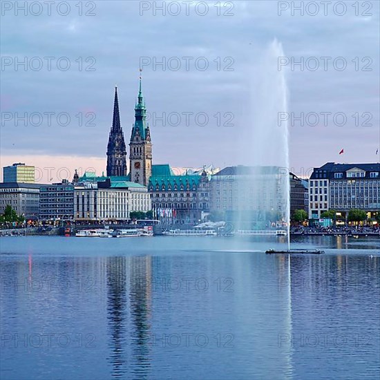 Inner Alster Lake with Alsterfontaine and city skyline