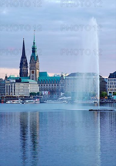 Inner Alster Lake with Alsterfontaine and city skyline