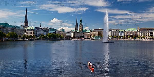 Inner Alster Lake with Alsterfontaine and city skyline