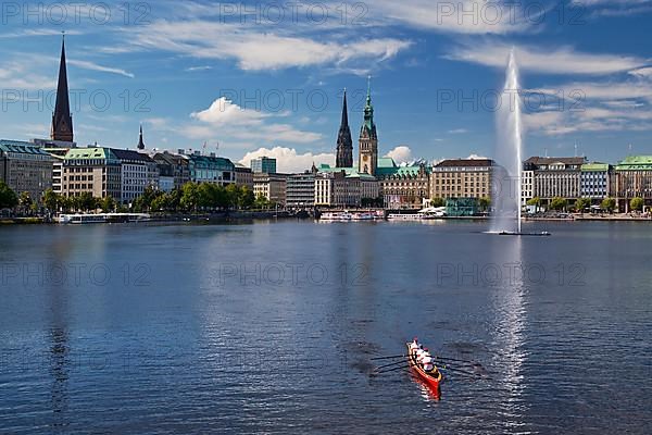 Inner Alster Lake with Alsterfontaine and city skyline