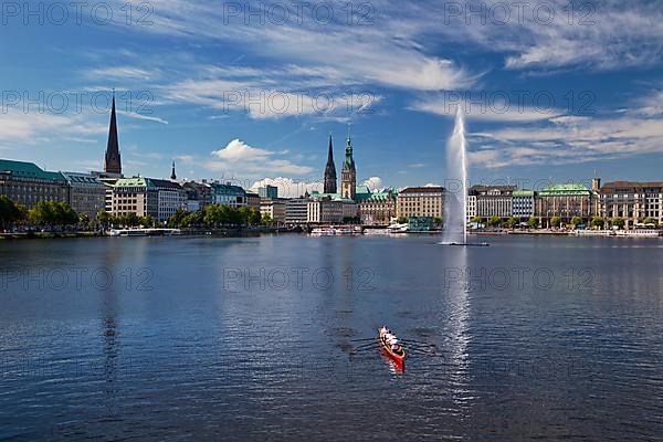 Inner Alster Lake with Alsterfontaine and city skyline