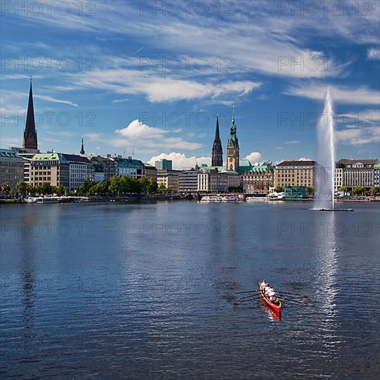 Inner Alster Lake with Alsterfontaine and city skyline