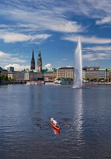 Inner Alster Lake with Alsterfontaine and city skyline