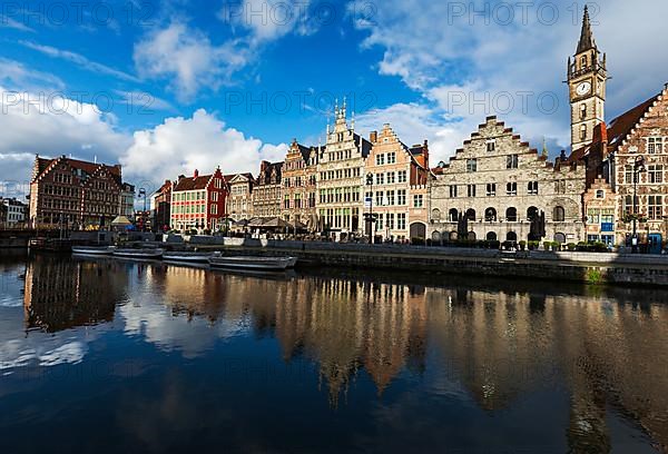 Ghent canal and Graslei street on sunset. Ghent