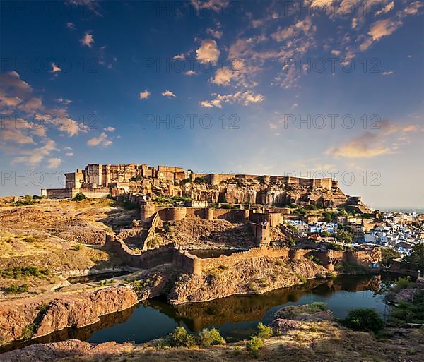 Mehrangarh Fort and Padamsar Talab and Ranisar Talab lakes on sunset