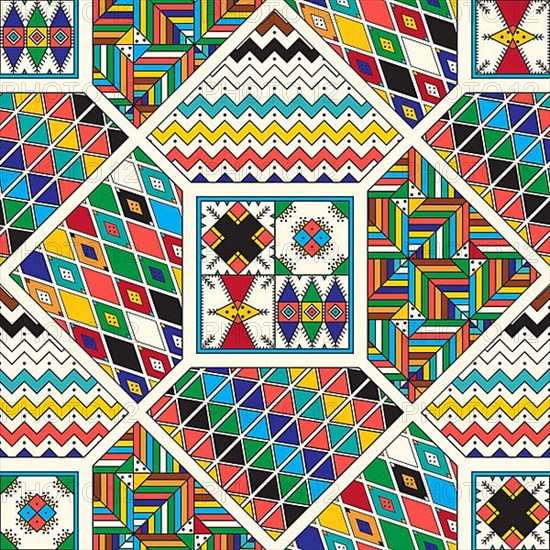 Decorative geometric repeating pattern inspired by Al-Qatt Al-Asiri traditional paintings