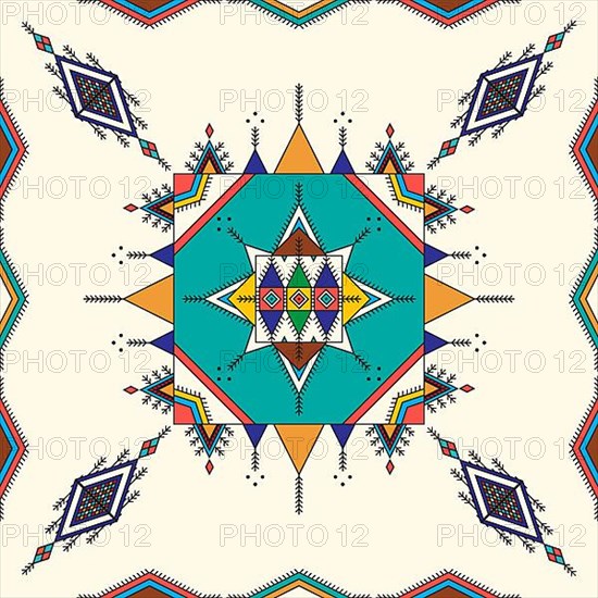 Decorative geometric repeating pattern inspired by Al-Qatt Al-Asiri traditional paintings