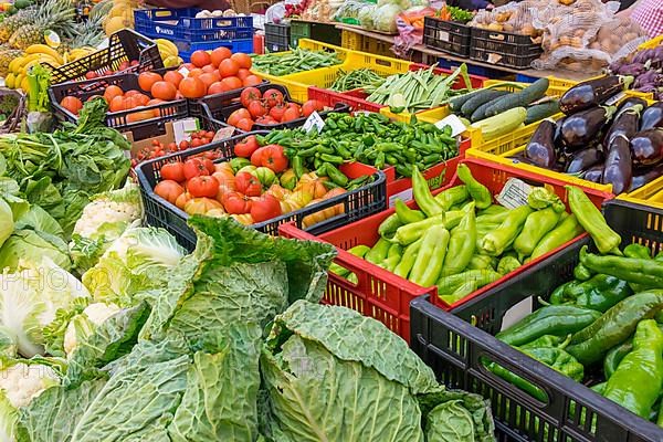 Market stall with various vegetables such as savoy cabbage