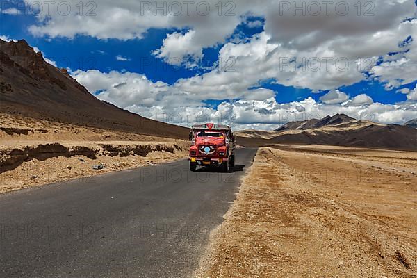 Manali-Leh road in Indian Himalayas with lorry. More plains