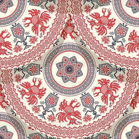 Decorative repeating pattern inspired by traditional Russian embroidery